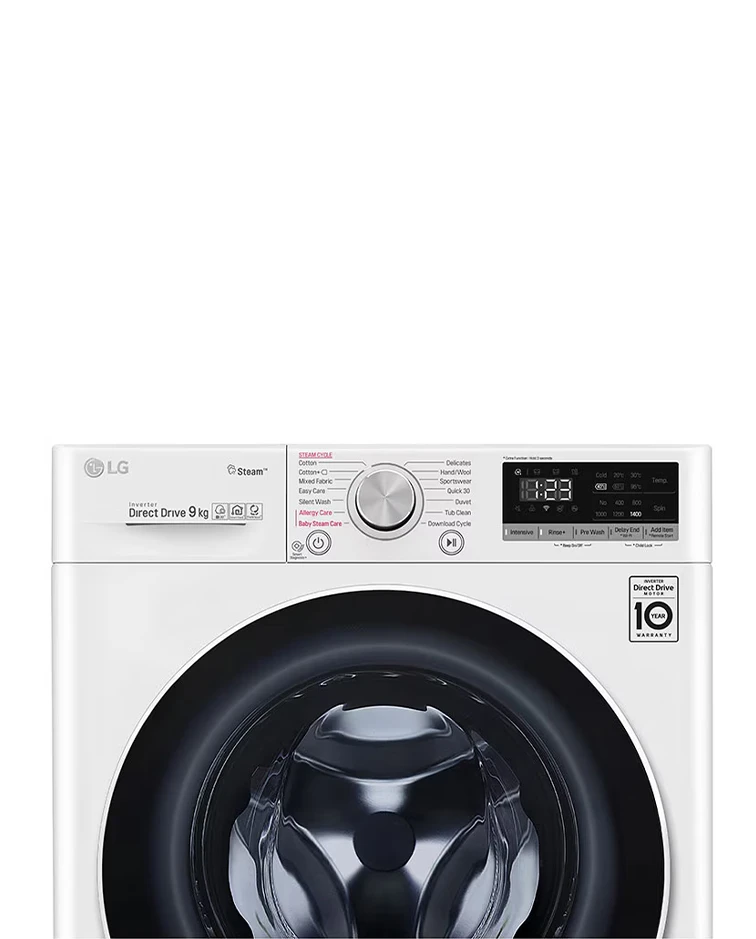 LG Front Load Washer, 9kg, Steam™ Technology, AI DD™, White