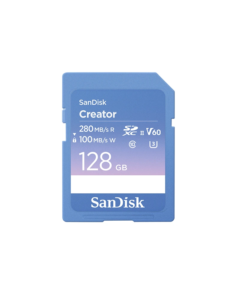 SanDisk Creator SD UHS-II Card 128GB, read speeds up to 280MB/s, write speeds up to 100MB/s, 4K UHD/6K video, V60