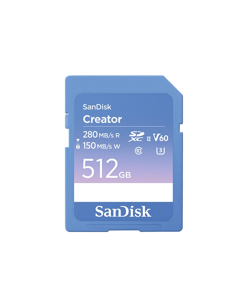 SanDisk Creator SD UHS-II Card 512GB, read speeds up to 280MB/s, write speeds up to 150MB/s, 4K UHD/6K video, V60